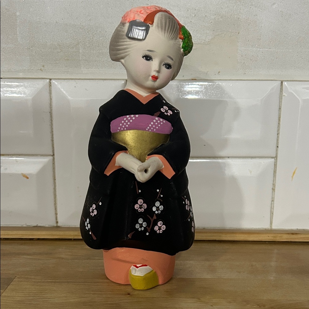 Vintage Black and Pink Ceramic Geisha Figurine